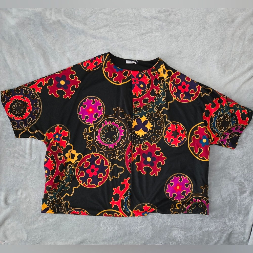 Natori Kimono Kaftan Open Reversible Colorful Floral Short Sleeve Top Size XL/1X